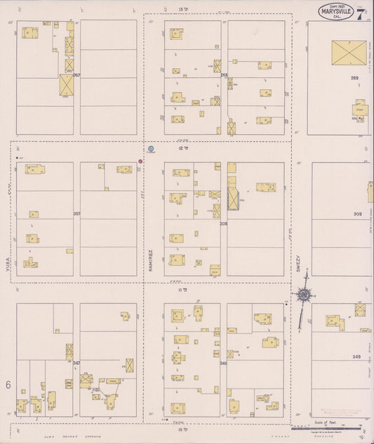 Sanborn Fire Insurance Map from Marysville, Yuba County, California (1921), Sheet #0007 - Historic Sanborn Fire Insurance Map Print, vintage old map wall art, antique decor, genealogy gift, California California map