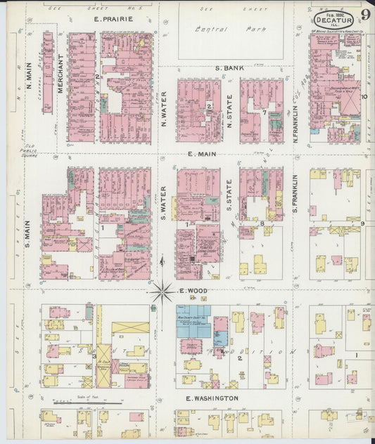 Sanborn Fire Insurance Map from Decatur, Macon County, Illinois (1892), Sheet #0009 - Historic Sanborn Fire Insurance Map Print, vintage old map wall art, antique decor, genealogy gift, Illinois Illinois map