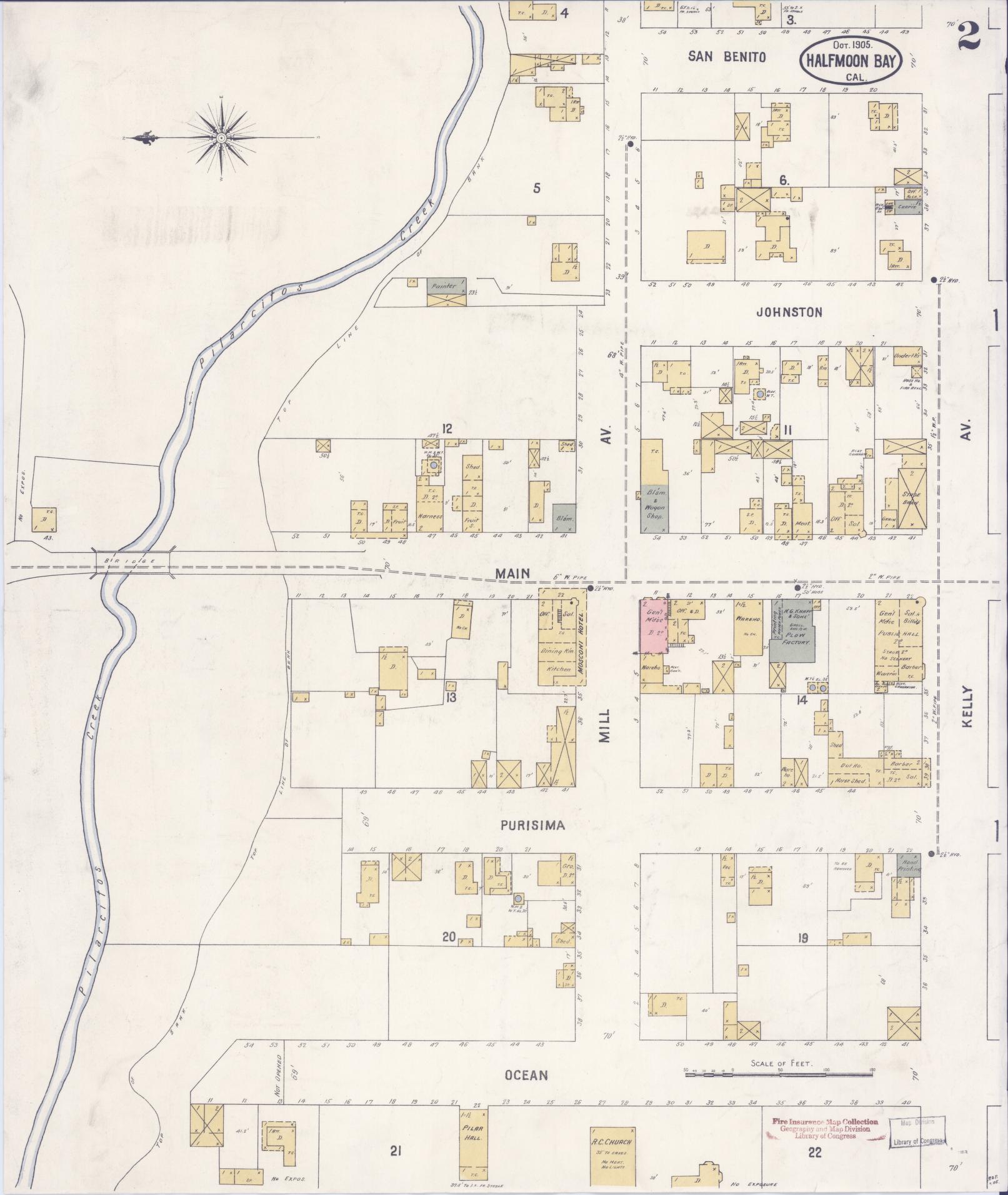 Sanborn Fire Insurance Map from Half Moon Bay, San Mateo County, California (1905), Sheet #0002 - Historic Sanborn Fire Insurance Map Print, vintage old map wall art, antique decor, genealogy gift, California California map