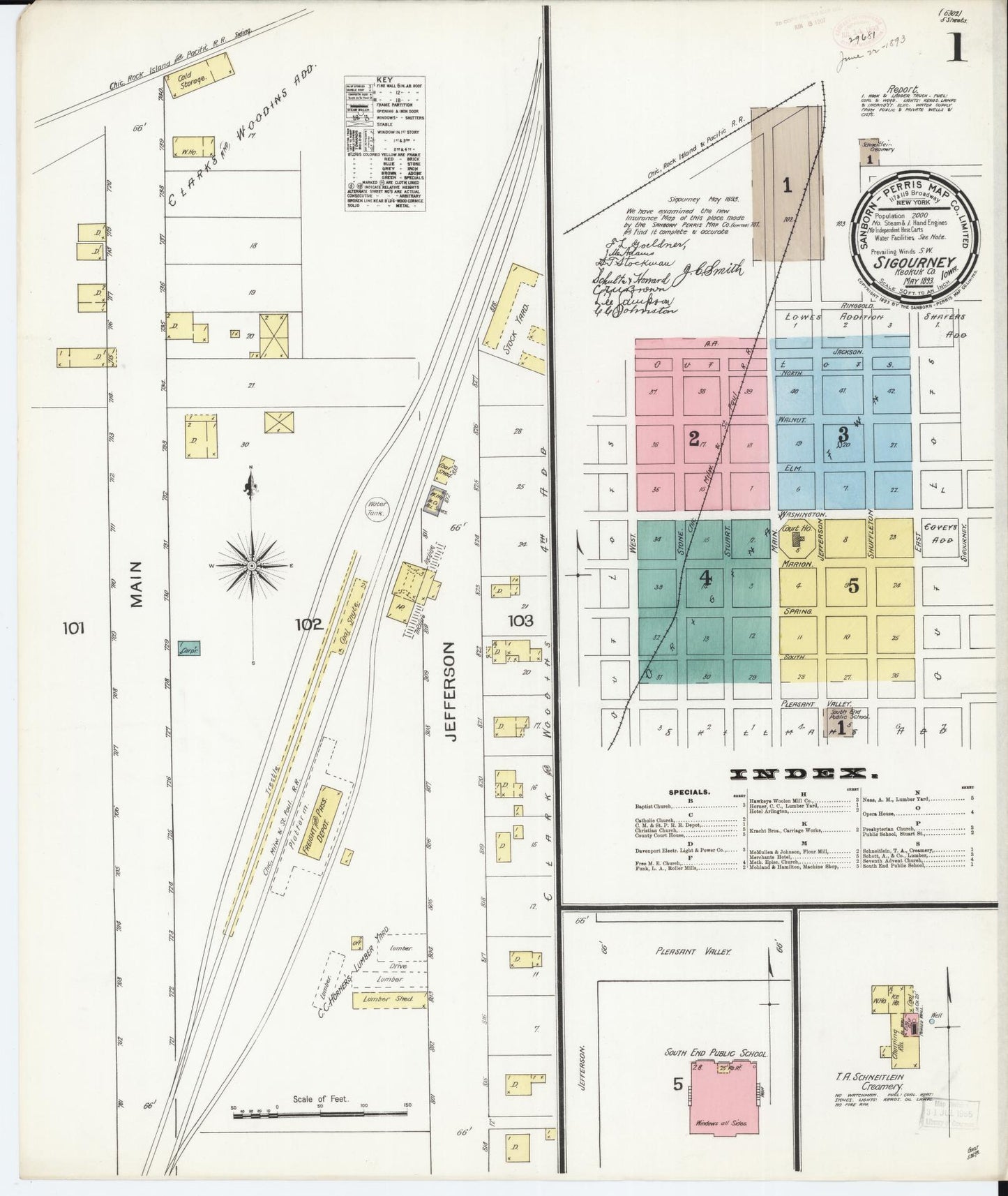 Sanborn Fire Insurance Map from Sigourney, Kiokuk County, Iowa (1893), Sheet #0001 - Historic Sanborn Fire Insurance Map Print, vintage old map wall art