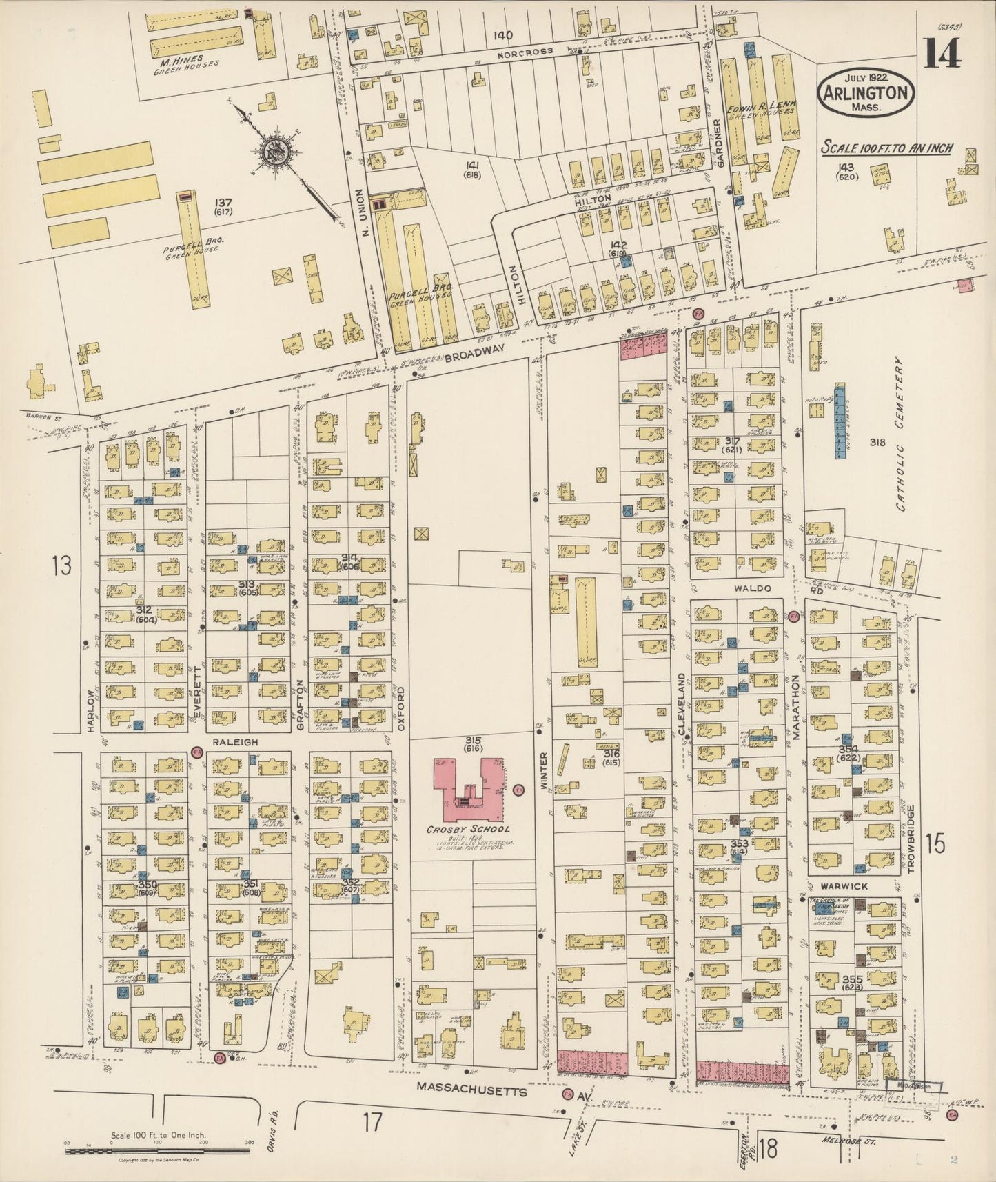 Sanborn Fire Insurance Map from Arlington, Middlesex County, Massachusetts (1922), Sheet #0014 - Historic Sanborn Fire Insurance Map Print, vintage old map wall art, antique decor, genealogy gift, Massachusetts Massachusetts map