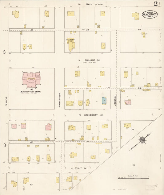 Sanborn Fire Insurance Map from Blackfoot, Bingham County, Idaho (1911), Sheet #0002 - Historic Sanborn Fire Insurance Map Print, vintage old map wall art, antique decor, genealogy gift, Idaho Idaho map