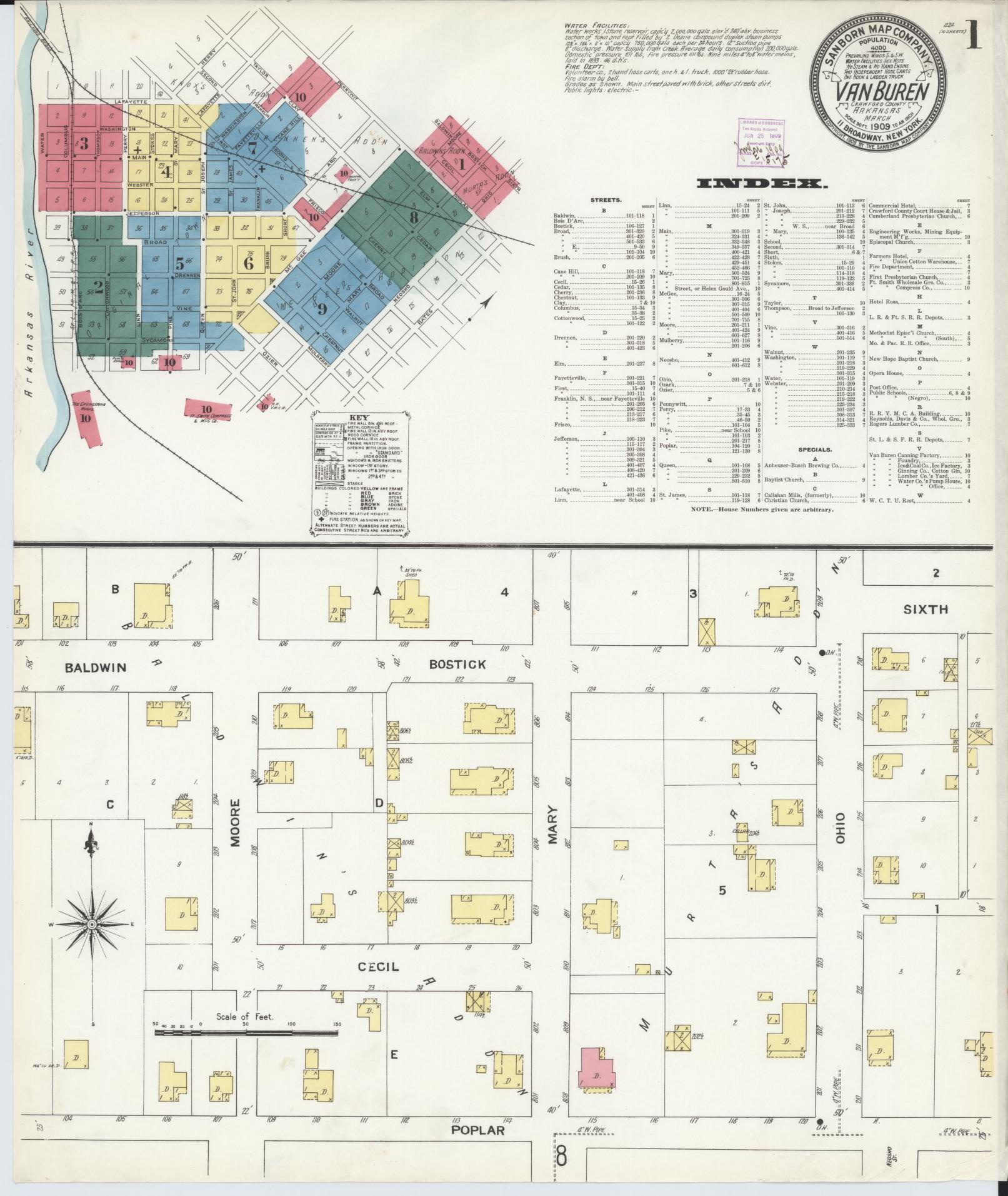 Sanborn Fire Insurance Map from Van Buren, Crawford County, Arkansas (1909), Sheet #0001 - Complete Map Set gallery image, historic Sanborn map, vintage wall art, Arkansas Arkansas