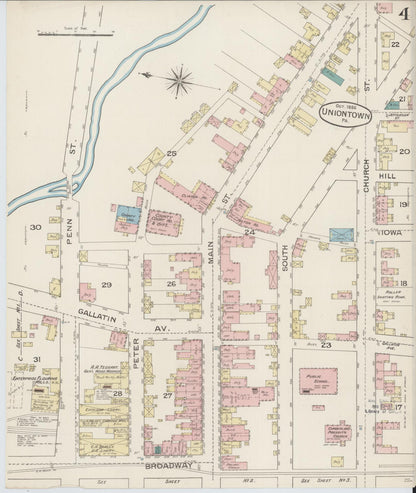 Sanborn Fire Insurance Map from Uniontown, Fayette County, Pennsylvania (1886), Sheet #0004 - Historic Sanborn Fire Insurance Map Print, vintage old map wall art, antique decor, genealogy gift, Pennsylvania Pennsylvania map