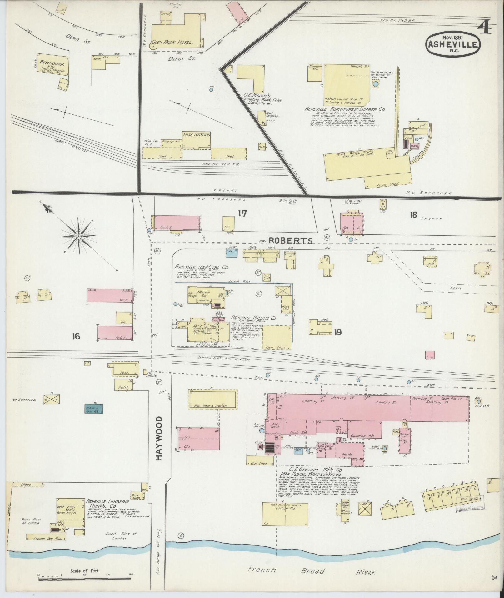 Sanborn Fire Insurance Map from Asheville, Buncombe County, North Carolina (1891), Sheet #0004 - Historic Sanborn Fire Insurance Map Print, vintage old map wall art, antique decor, genealogy gift, North Carolina North Carolina map