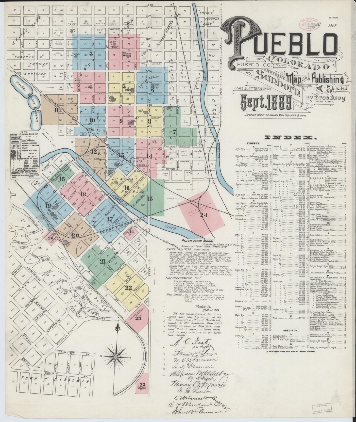 Sanborn Fire Insurance Map from Pueblo, Pueblo County, Colorado (1889), Sheet #0001 - Historic Sanborn Fire Insurance Map Print, vintage old map wall art, antique decor, genealogy gift, Colorado Colorado map