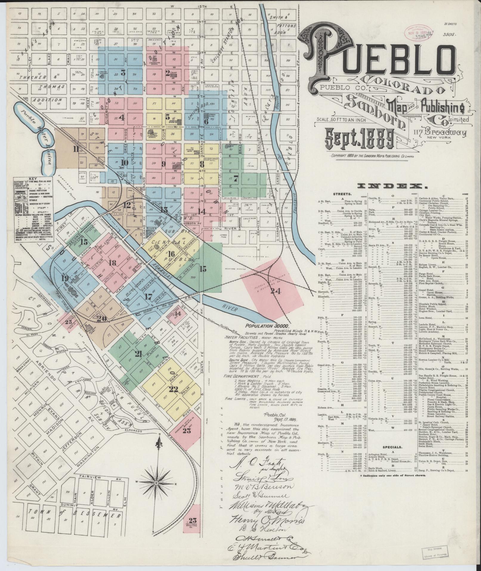 Sanborn Fire Insurance Map from Pueblo, Pueblo County, Colorado (1889), Sheet #0001 - Historic Sanborn Fire Insurance Map Print, vintage old map wall art, antique decor, genealogy gift, Colorado Colorado map