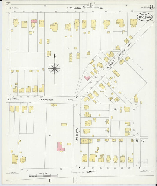 Sanborn Fire Insurance Map from Danville, Boyle County, Kentucky (1908), Sheet #0008 - Historic Sanborn Fire Insurance Map Print, vintage old map wall art, antique decor, genealogy gift, Kentucky Kentucky map