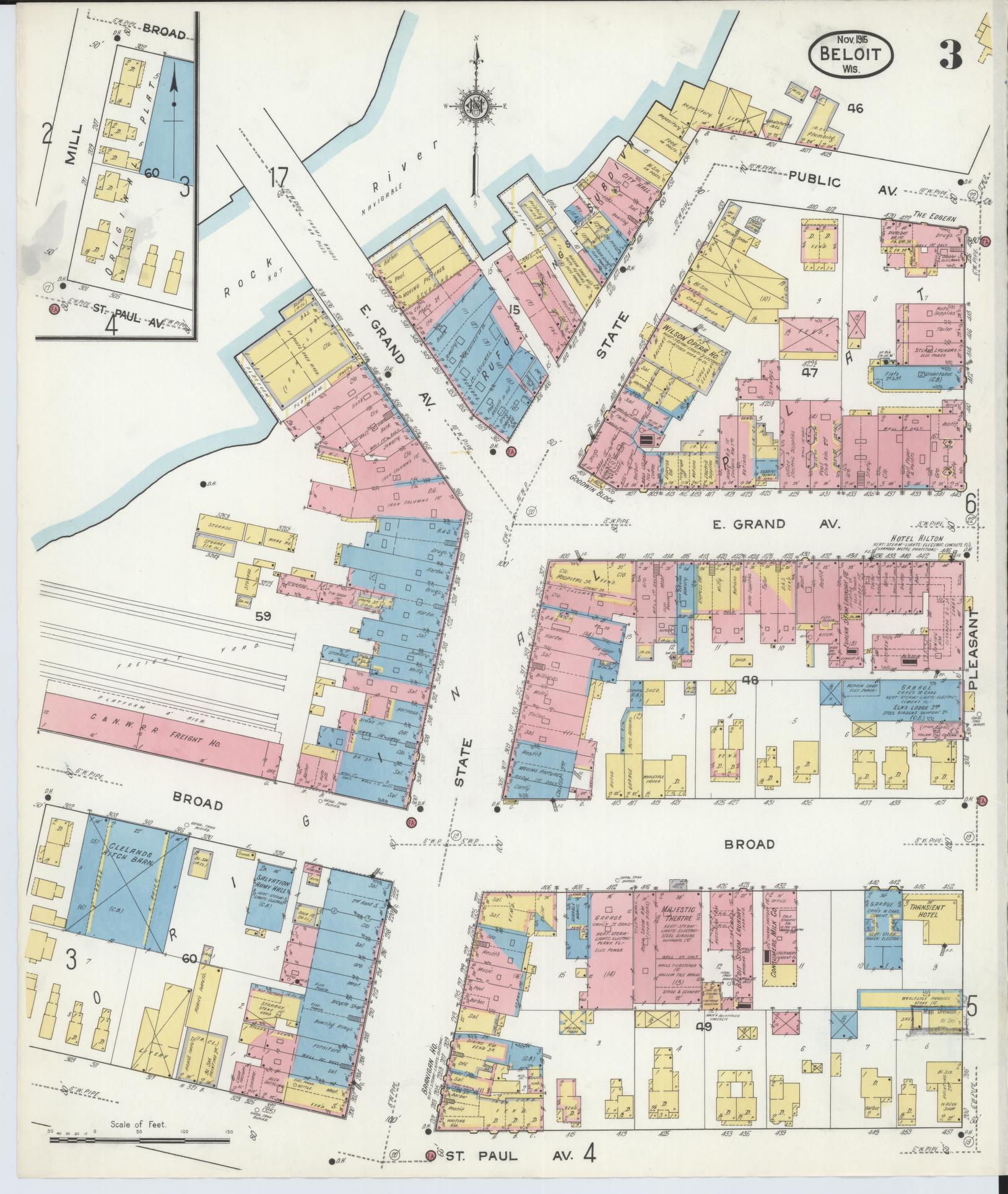 Sanborn Fire Insurance Map from Beloit, Rock County, Wisconsin (1915), Sheet #0003 - Historic Sanborn Fire Insurance Map Print, vintage old map wall art, antique decor, genealogy gift, Wisconsin Wisconsin map