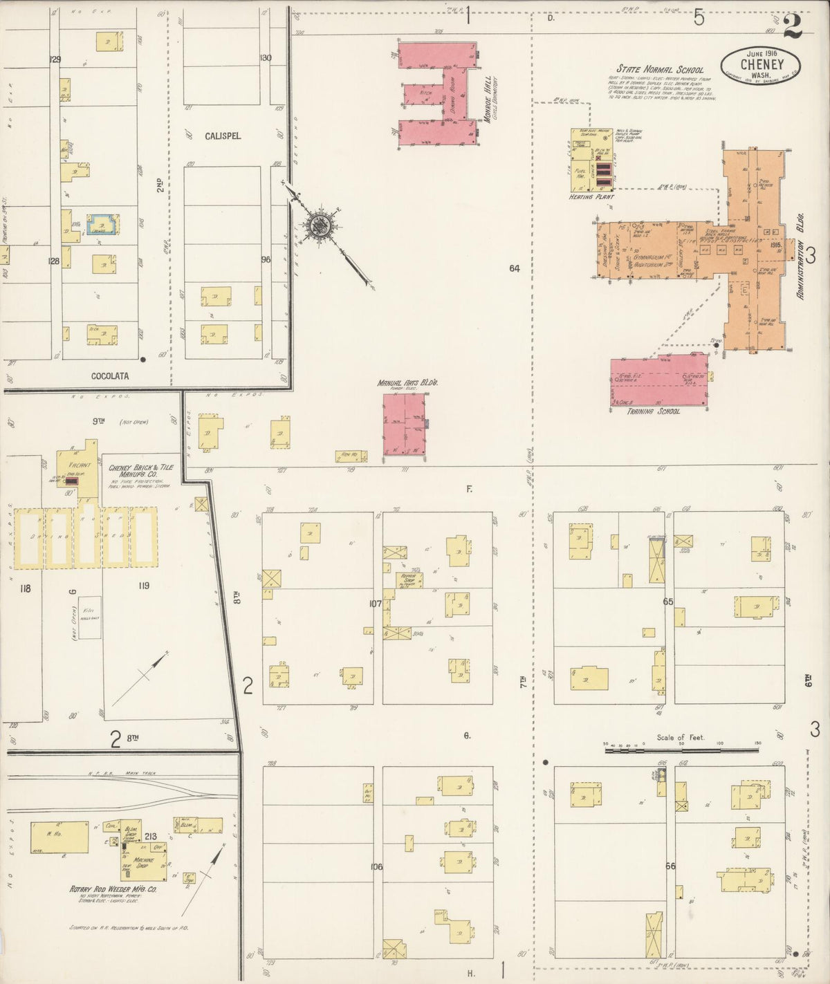 Sanborn Fire Insurance Map from Cheney, Spokane County, Washington (1916), Sheet #0002 - Historic Sanborn Fire Insurance Map Print, vintage old map wall art, antique decor, genealogy gift, Washington Washington map