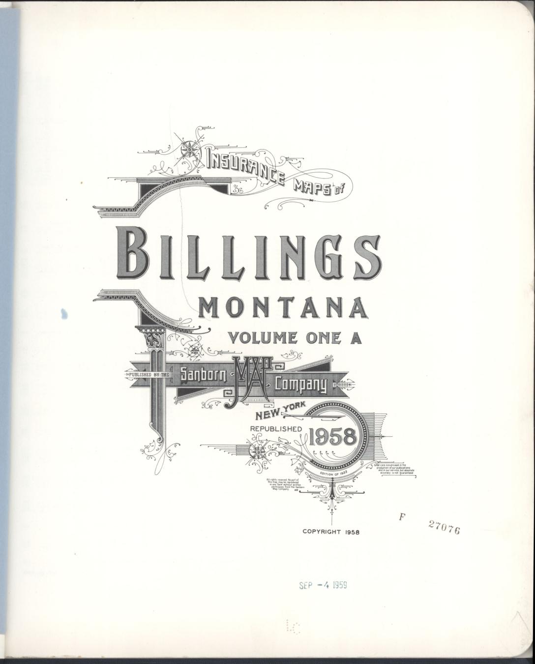 Sanborn Fire Insurance Map from Billings, Yellowstone County, Montana (1958), Sheet #0001 - Complete Map Set gallery image, historic Sanborn map, vintage wall art, Montana Montana