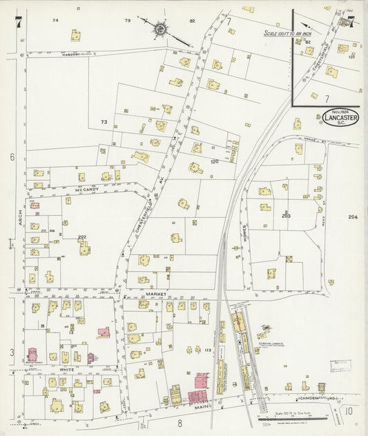 Sanborn Fire Insurance Map from Lancaster, Lancaster County, South Carolina (1924), Sheet #0007 - Historic Sanborn Fire Insurance Map Print, vintage old map wall art, antique decor, genealogy gift, South Carolina South Carolina map