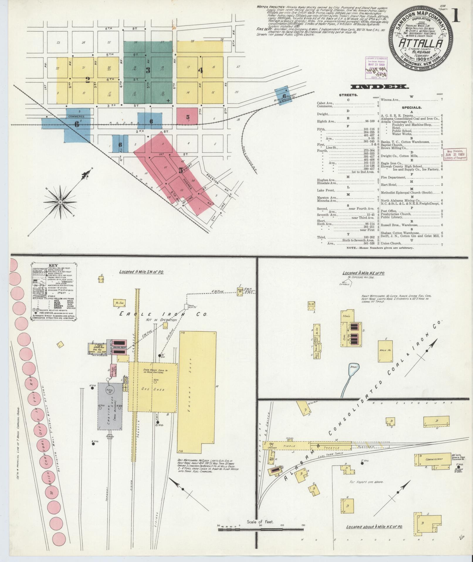 Sanborn Fire Insurance Map from Attalla, Etowah County, Alabama (1909), Sheet #0001 - Complete Map Set gallery image, historic Sanborn map, vintage wall art, Alabama Alabama