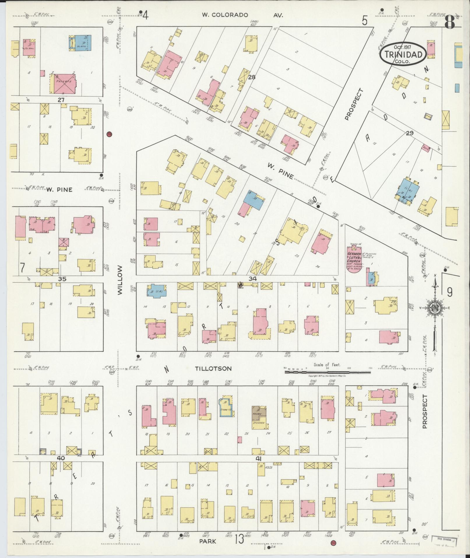 Sanborn Fire Insurance Map from Trinidad, Las Animas County, Colorado (1917), Sheet #0008 - Complete Map Set gallery image, historic Sanborn map, vintage wall art, Colorado Colorado