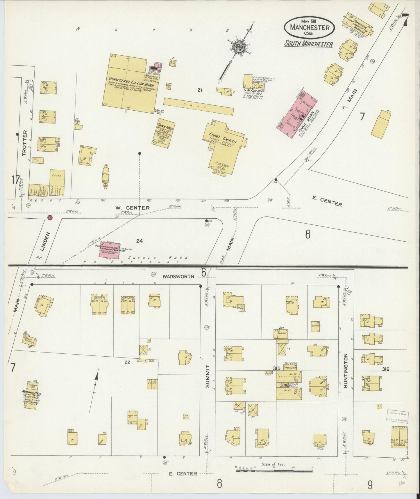 Sanborn Fire Insurance Map from Manchester, Hartford County, Connecticut (1911), Sheet #0007 - Complete Map Set gallery image, historic Sanborn map, vintage wall art, Connecticut Connecticut