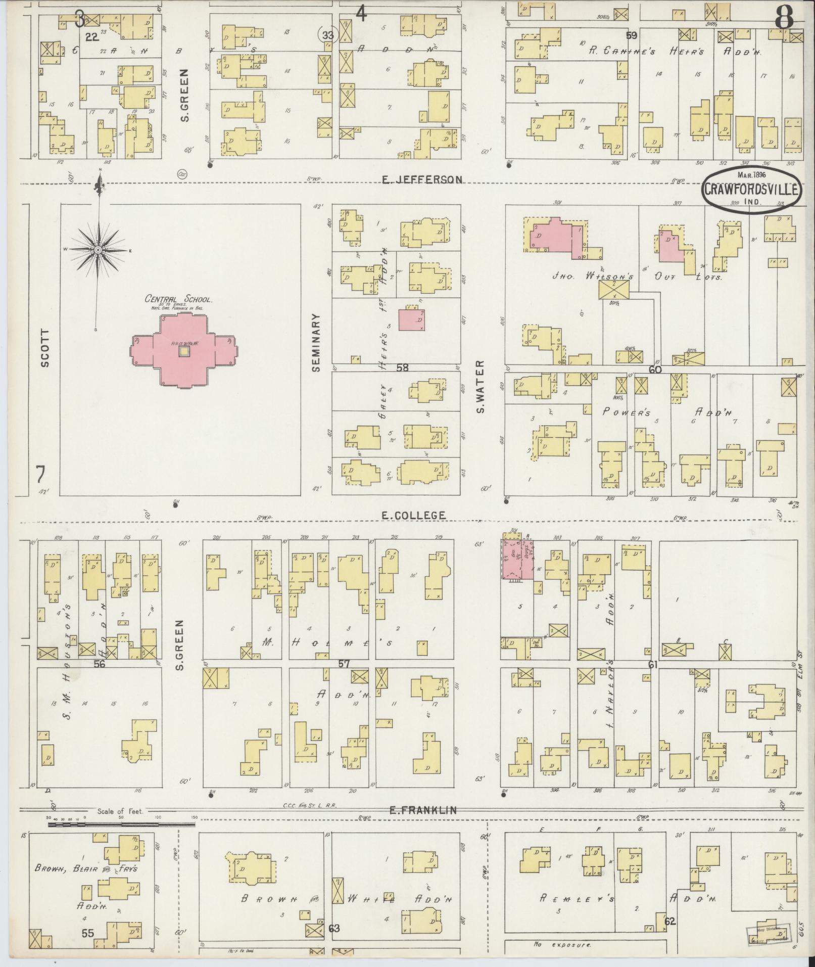Sanborn Fire Insurance Map from Crawfordsville, Montgomery County, Indiana (1896), Sheet #0008 - Complete Map Set gallery image, historic Sanborn map, vintage wall art, Indiana Indiana