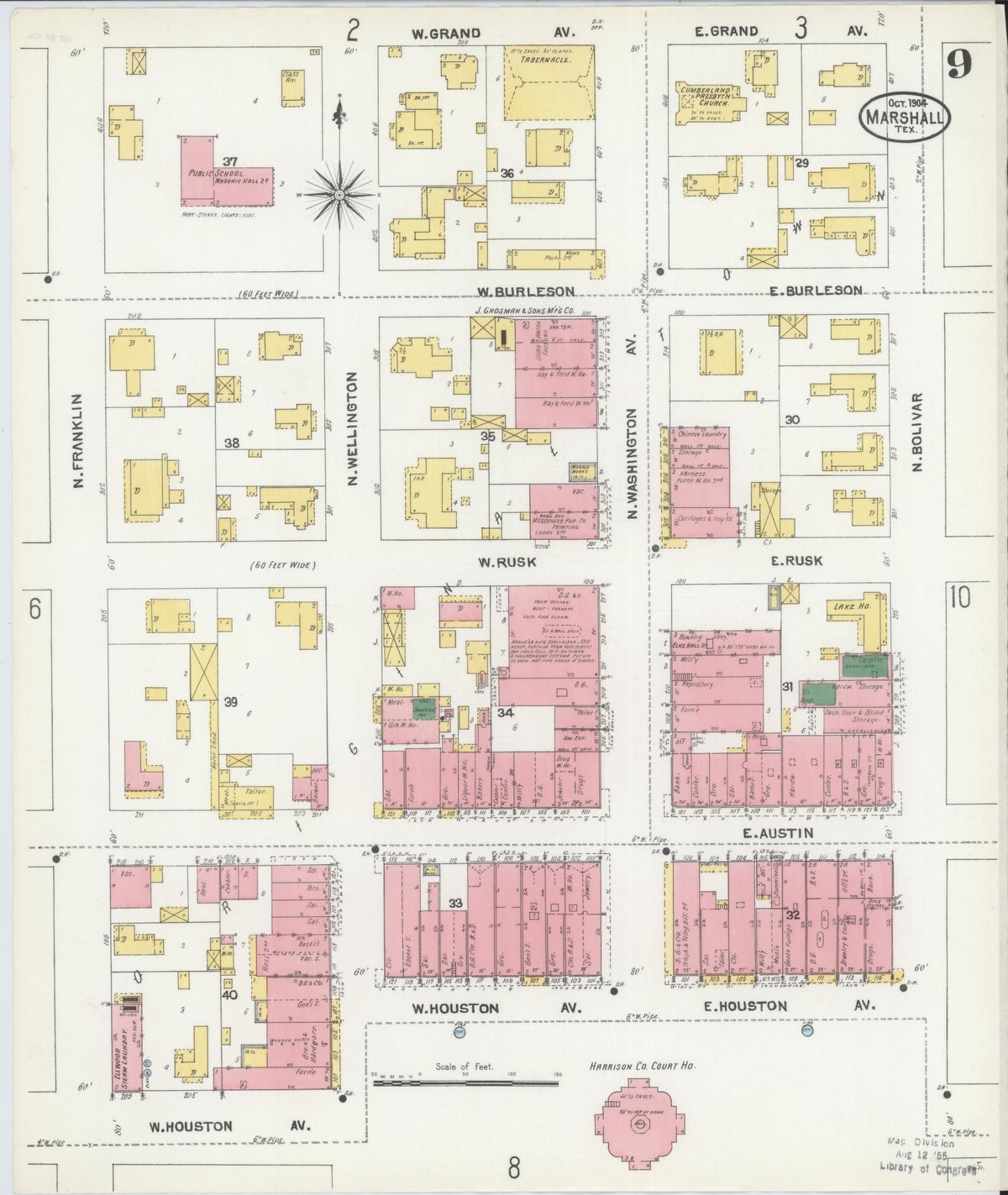 Sanborn Fire Insurance Map from Marshall, Harrison County, Texas (1904), Sheet #0009 - Complete Map Set gallery image, historic Sanborn map, vintage wall art, Texas Texas
