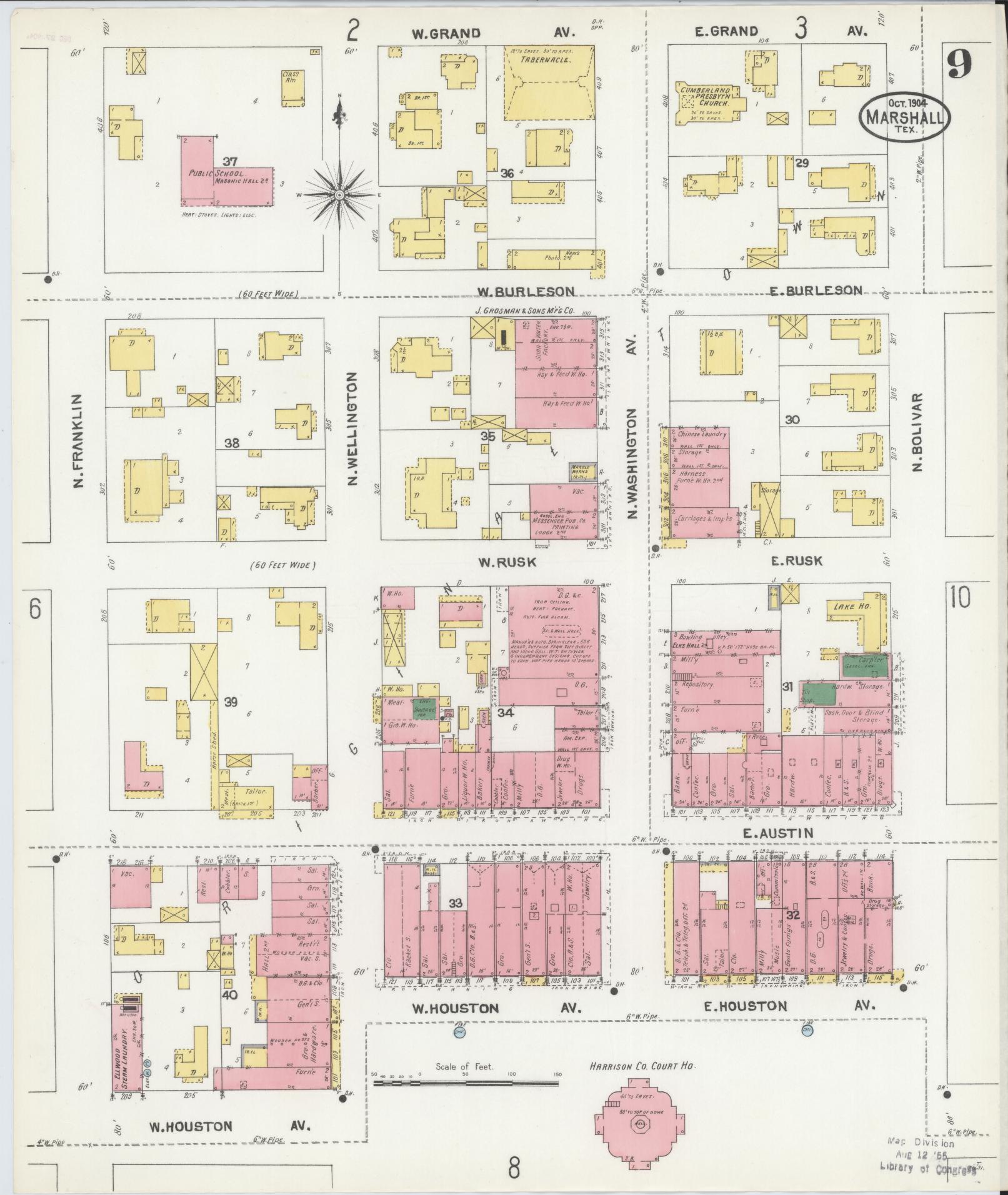 Sanborn Fire Insurance Map from Marshall, Harrison County, Texas (1904), Sheet #0009 - Complete Map Set gallery image, historic Sanborn map, vintage wall art, Texas Texas