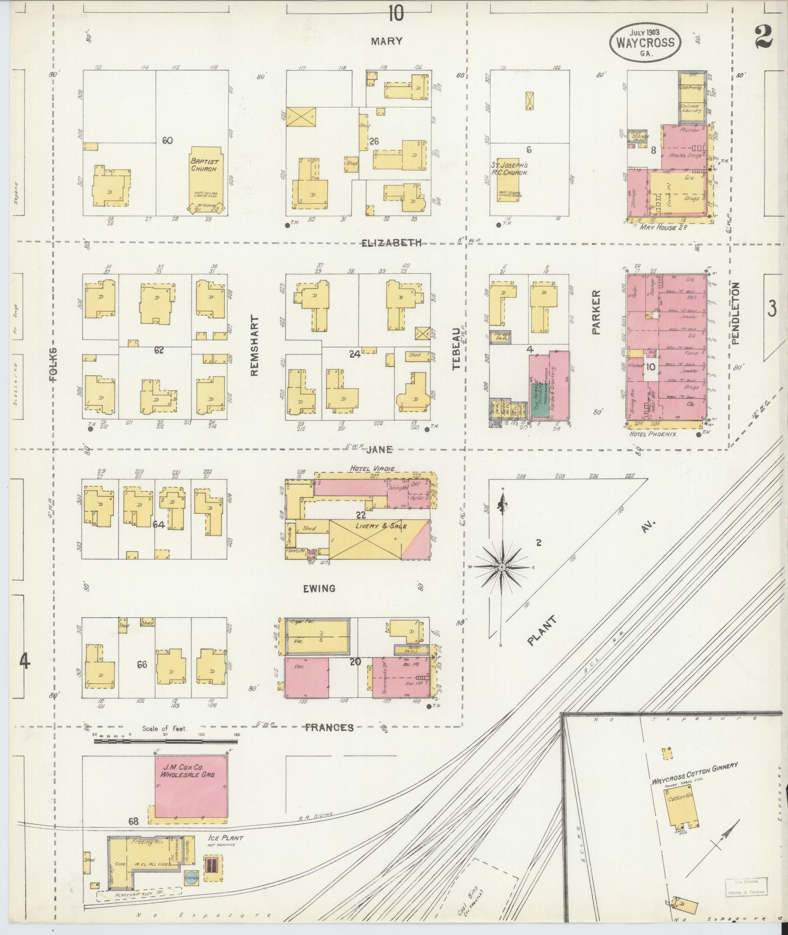 Sanborn Fire Insurance Map from Waycross, Ware County, Georgia (1903), Sheet #0002 - Historic Sanborn Fire Insurance Map Print, vintage old map wall art, antique decor, genealogy gift, Georgia Georgia map