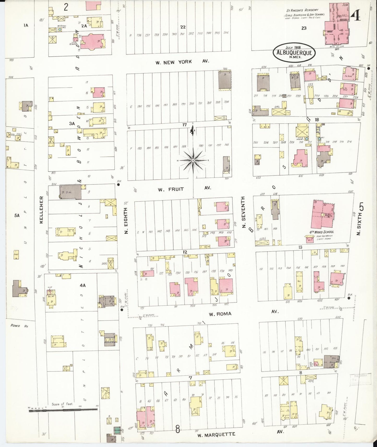 Sanborn Fire Insurance Map from Albuquerque, Bernalillo County, New Mexico (1908), Sheet #0004 - Historic Sanborn Fire Insurance Map Print, vintage old map wall art, antique decor, genealogy gift, New Mexico New Mexico map