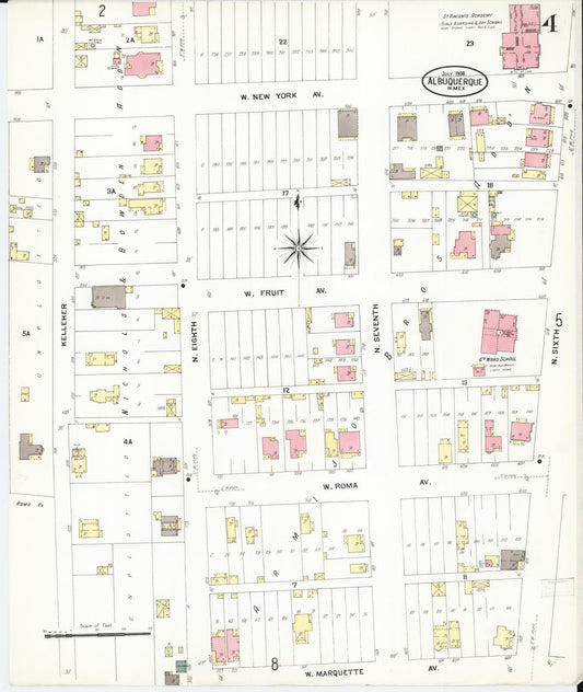 Sanborn Fire Insurance Map from Albuquerque, Bernalillo County, New Mexico (1908), Sheet #0004 - Historic Sanborn Fire Insurance Map Print, vintage old map wall art, antique decor, genealogy gift, New Mexico New Mexico map