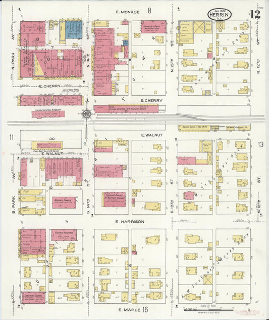 Sanborn Fire Insurance Map from Herrin, Williamson County, Illinois (1922), Sheet #0012 - Historic Sanborn Fire Insurance Map Print, vintage old map wall art, antique decor, genealogy gift, Illinois Illinois map