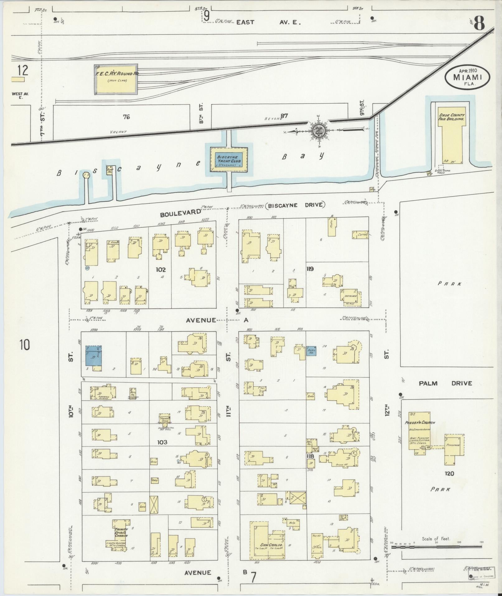 Sanborn Fire Insurance Map from Miami, Dade County, Florida (1910), Sheet #0008 - Historic Sanborn Fire Insurance Map Print, vintage old map wall art, antique decor, genealogy gift, Florida Florida map