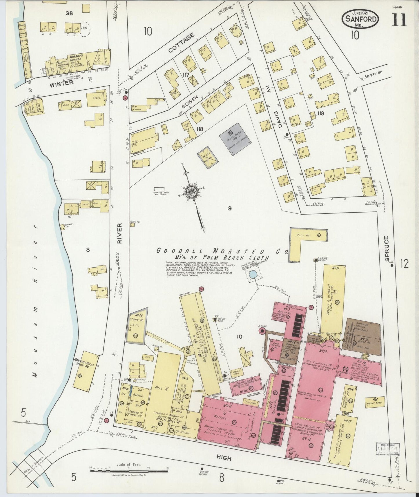 Sanborn Fire Insurance Map from Sanford, York County, Maine (1921), Sheet #0011 - Complete Map Set gallery image, historic Sanborn map, vintage wall art, Maine Maine