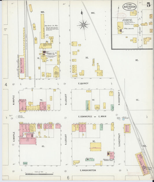 Sanborn Fire Insurance Map from Aberdeen, Monroe County, Mississippi (1899), Sheet #0005 - Historic Sanborn Fire Insurance Map Print, vintage old map wall art, antique decor, genealogy gift, Mississippi Mississippi map