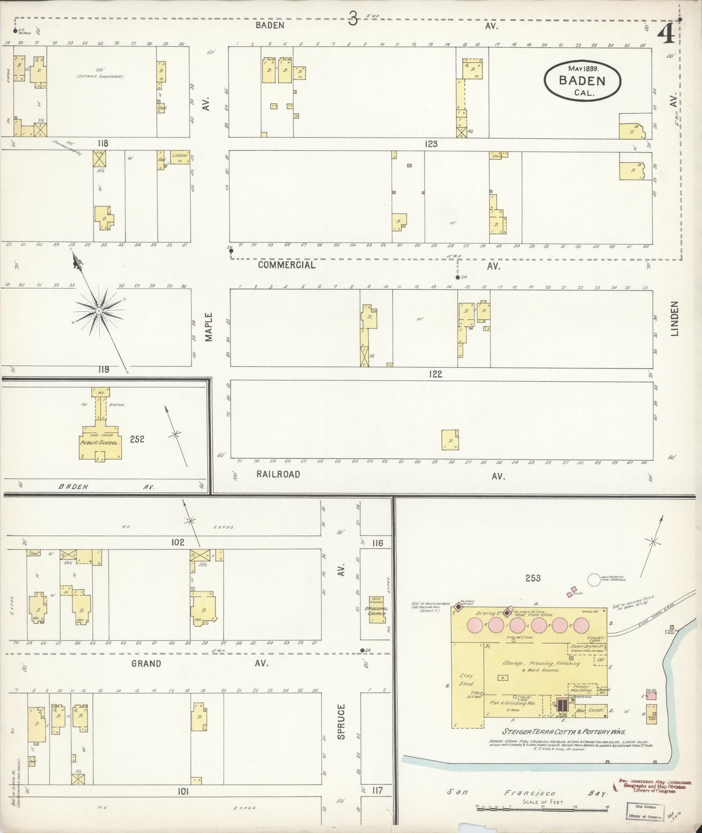 Sanborn Fire Insurance Map from Baden, San Mateo County, California (1899), Sheet #0004 - Historic Sanborn Fire Insurance Map Print, vintage old map wall art, antique decor, genealogy gift, California California map
