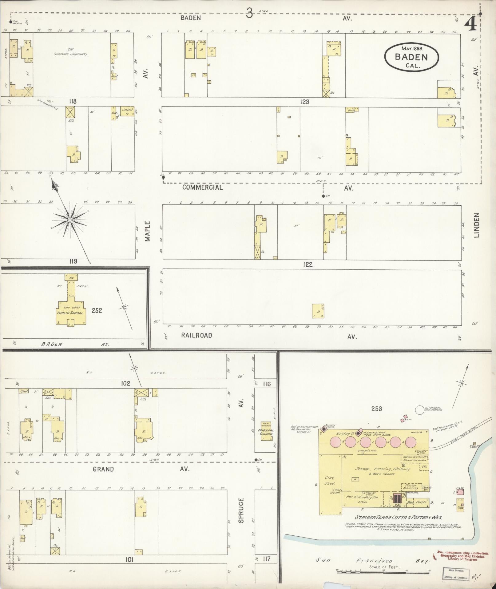 Sanborn Fire Insurance Map from Baden, San Mateo County, California (1899), Sheet #0004 - Historic Sanborn Fire Insurance Map Print, vintage old map wall art, antique decor, genealogy gift, California California map