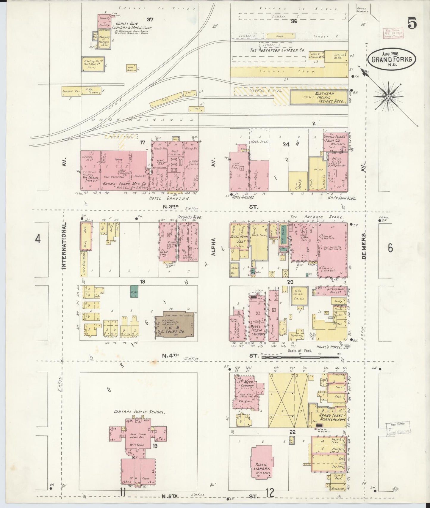 Sanborn Fire Insurance Map from Grand Forks, Grand Forks County, North Dakota (1906), Sheet #0005 - Complete Map Set gallery image, historic Sanborn map, vintage wall art, North Dakota North Dakota