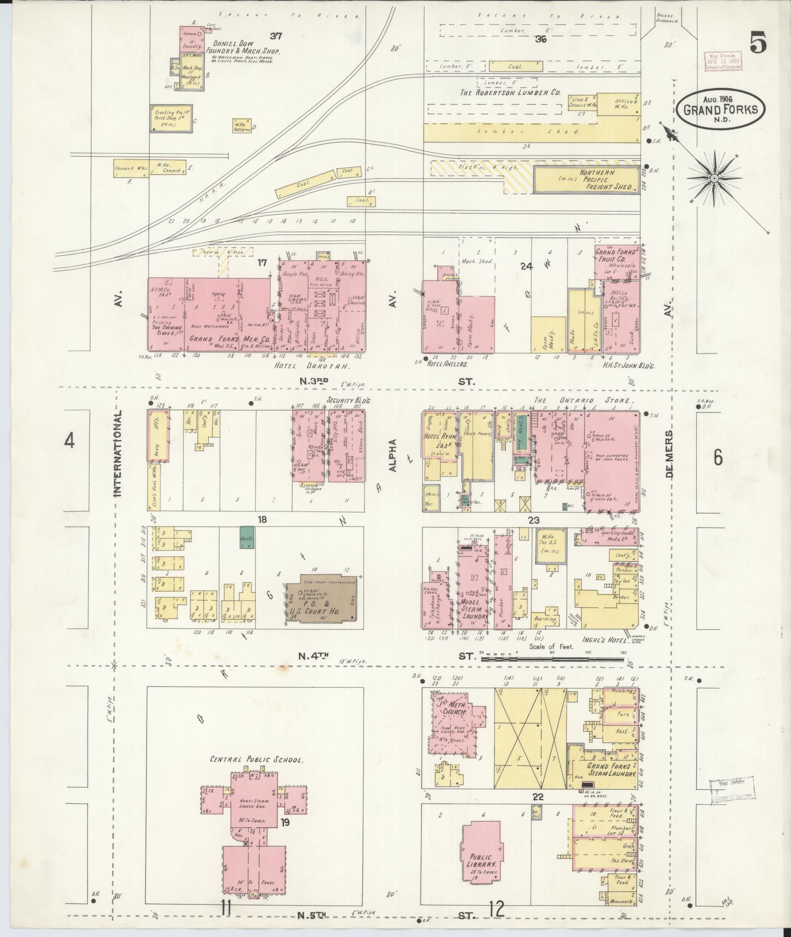 Sanborn Fire Insurance Map from Grand Forks, Grand Forks County, North Dakota (1906), Sheet #0005 - Complete Map Set gallery image, historic Sanborn map, vintage wall art, North Dakota North Dakota