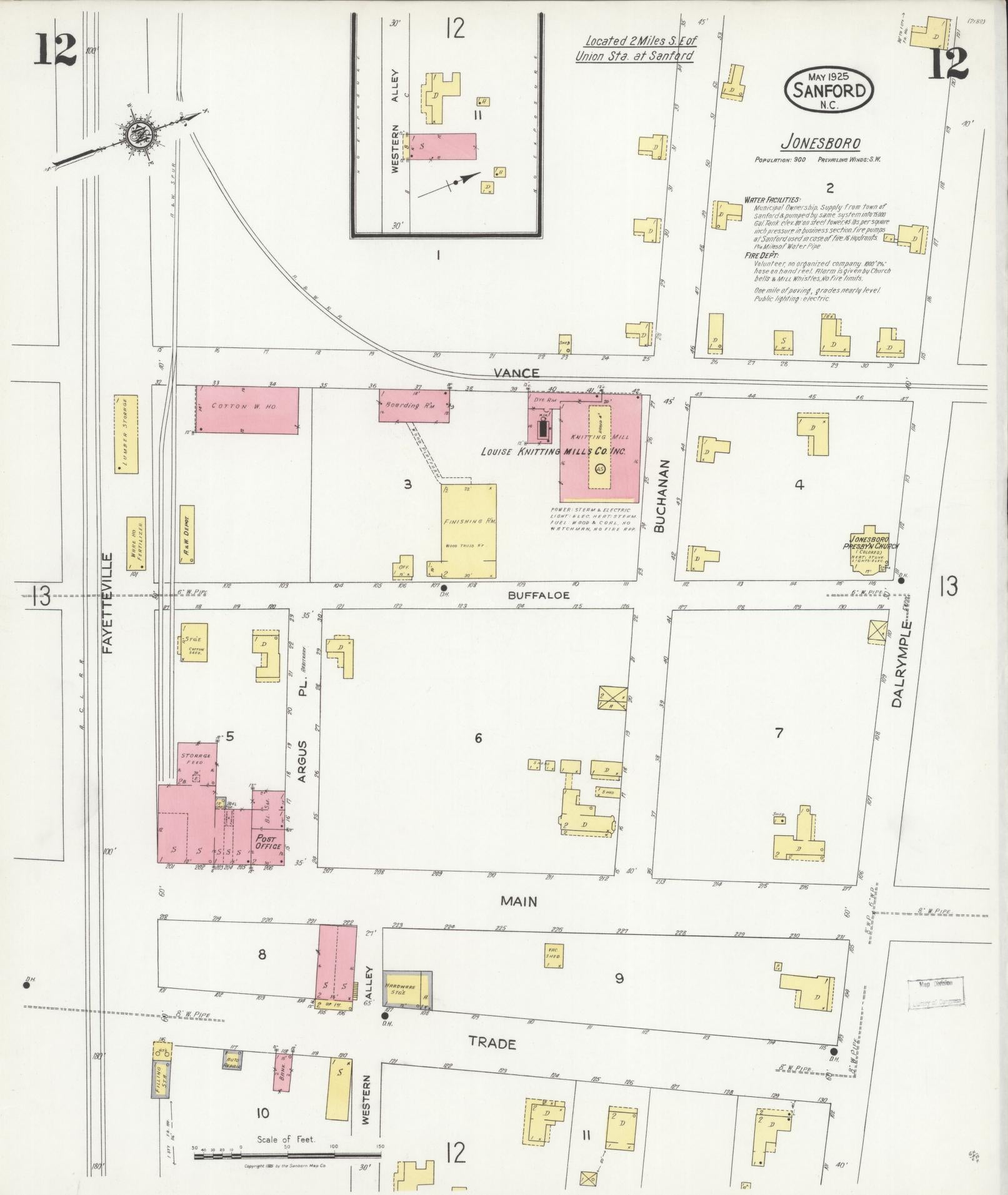 Sanborn Fire Insurance Map from Sanford, Lee County, North Carolina (1925), Sheet #0012 - Historic Sanborn Fire Insurance Map Print, vintage old map wall art, antique decor, genealogy gift, North Carolina North Carolina map