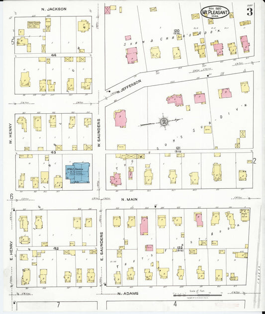 Sanborn Fire Insurance Map from Mount Pleasant, Henry County, Iowa (1920), Sheet #0003 - Historic Sanborn Fire Insurance Map Print, vintage old map wall art