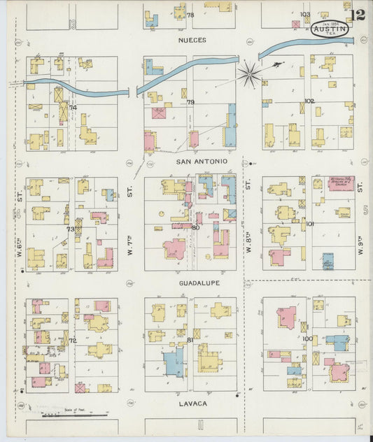 Sanborn Fire Insurance Map from Austin, Travis County, Texas (1894), Sheet #0012 - Historic Sanborn Fire Insurance Map Print, vintage old map wall art, antique decor, genealogy gift, Texas Texas map