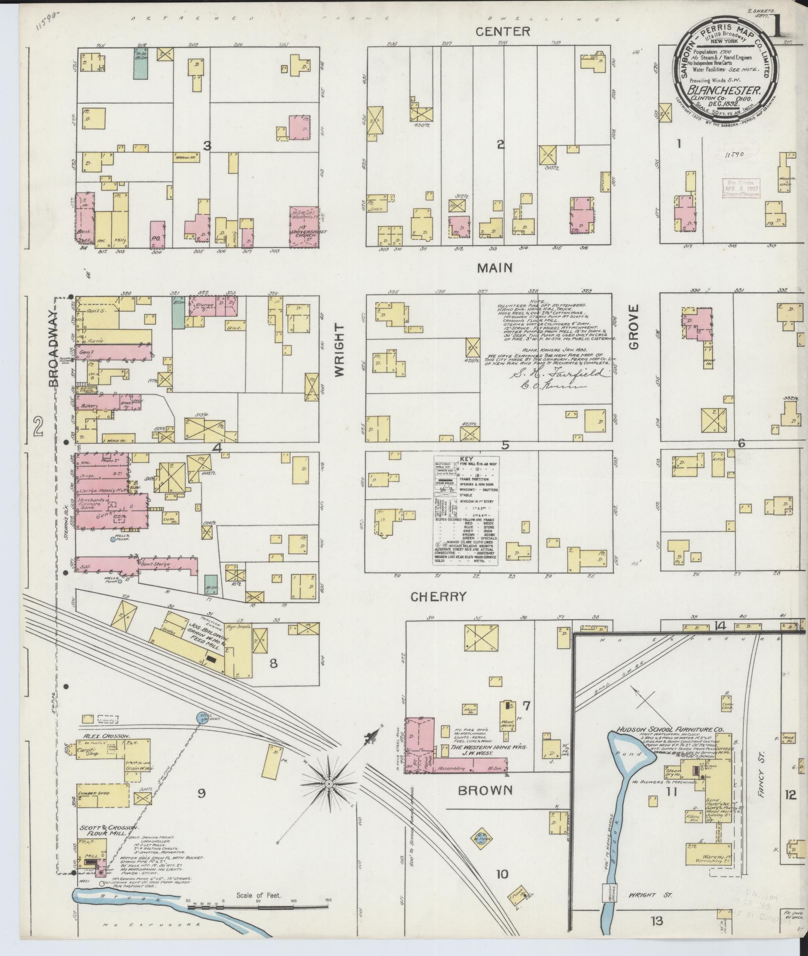Sanborn Fire Insurance Map from Blanchester, Clinton County, Ohio (1892), Sheet #0001 - Historic Sanborn Fire Insurance Map Print, vintage old map wall art, antique decor, genealogy gift, Ohio Ohio map