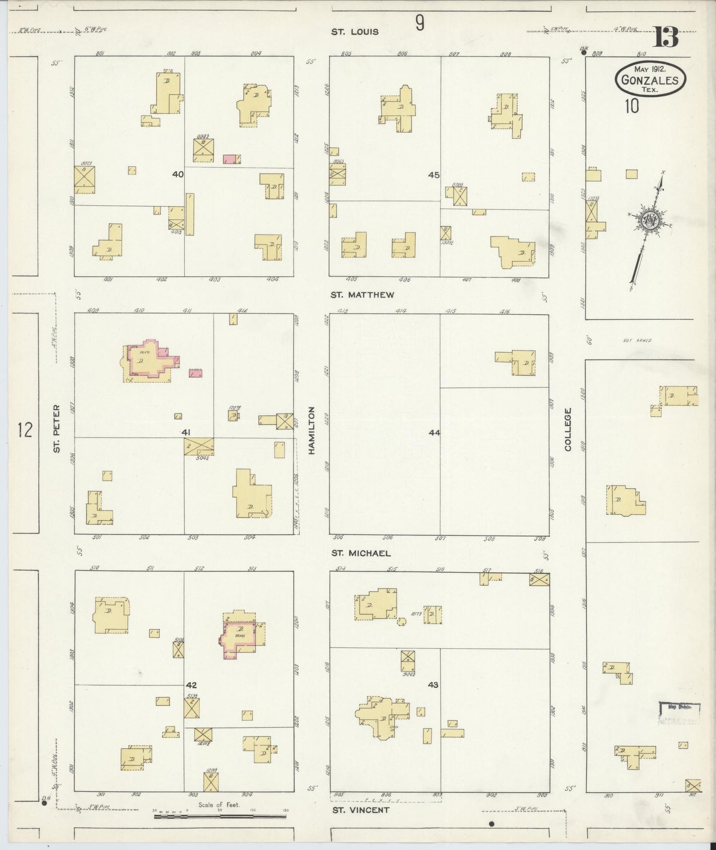 Sanborn Fire Insurance Map from Gonzales, Gonzales County, Texas (1912), Sheet #0013 - Complete Map Set gallery image, historic Sanborn map, vintage wall art, Texas Texas