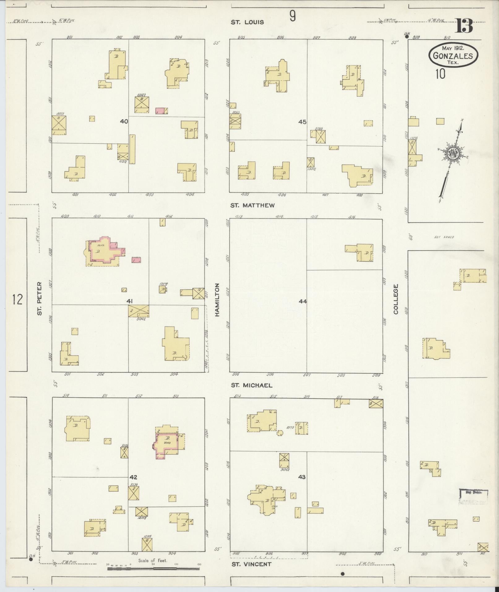 Sanborn Fire Insurance Map from Gonzales, Gonzales County, Texas (1912), Sheet #0013 - Complete Map Set gallery image, historic Sanborn map, vintage wall art, Texas Texas
