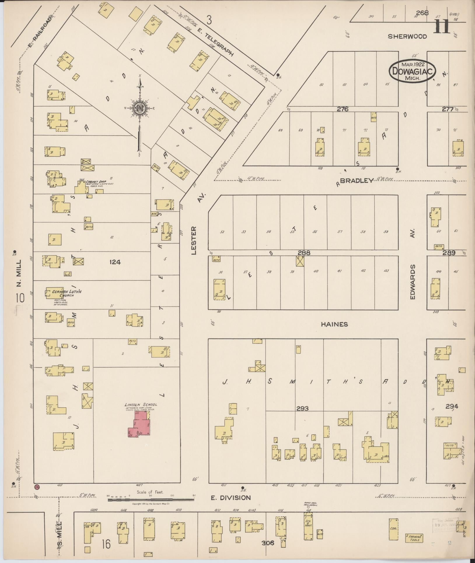 Sanborn Fire Insurance Map from Dowagiac, Cass County, Michigan (1922), Sheet #0011 - Historic Sanborn Fire Insurance Map Print, vintage old map wall art, antique decor, genealogy gift, Michigan Michigan map