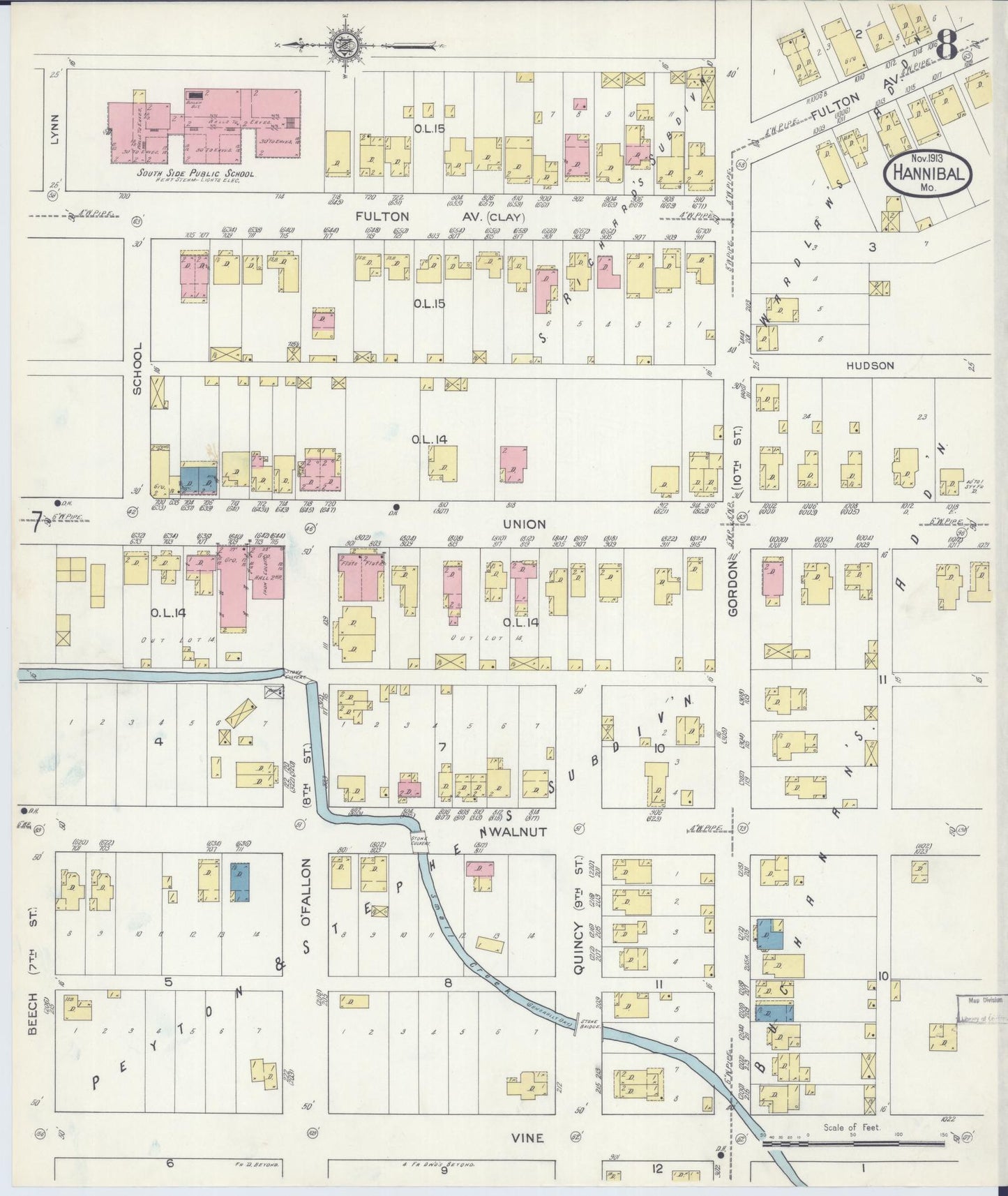 Sanborn Fire Insurance Map from Hannibal, Marion County, Missouri (1913), Sheet #0008 - Historic Sanborn Fire Insurance Map Print, vintage old map wall art, antique decor, genealogy gift, Missouri Missouri map