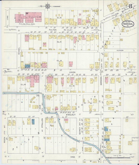 Sanborn Fire Insurance Map from Hannibal, Marion County, Missouri (1913), Sheet #0008 - Historic Sanborn Fire Insurance Map Print, vintage old map wall art, antique decor, genealogy gift, Missouri Missouri map