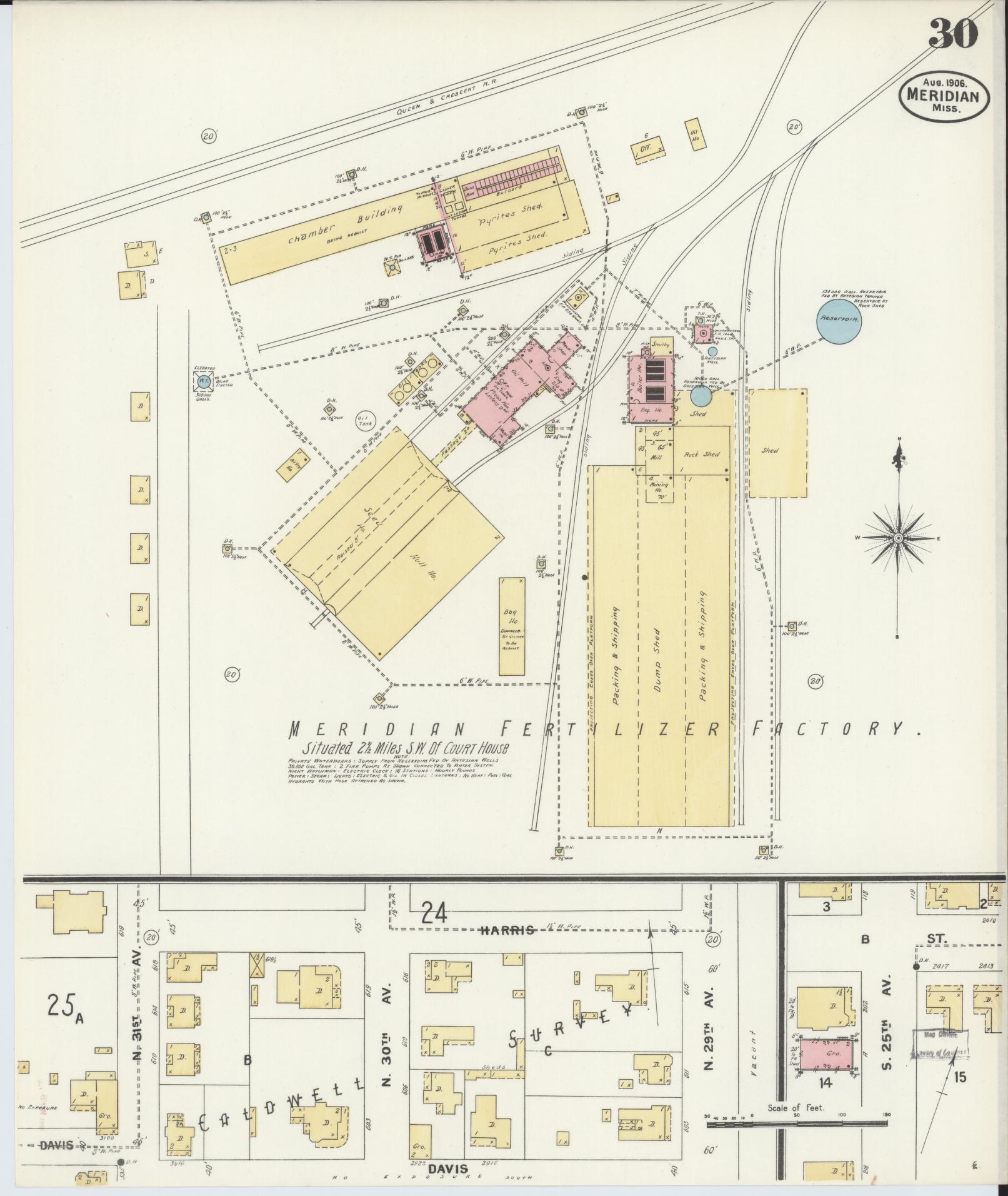 Sanborn Fire Insurance Map from Meridian, Lauderdale County, Mississippi (1906), Sheet #0030 - Complete Map Set gallery image, historic Sanborn map, vintage wall art, Mississippi Mississippi
