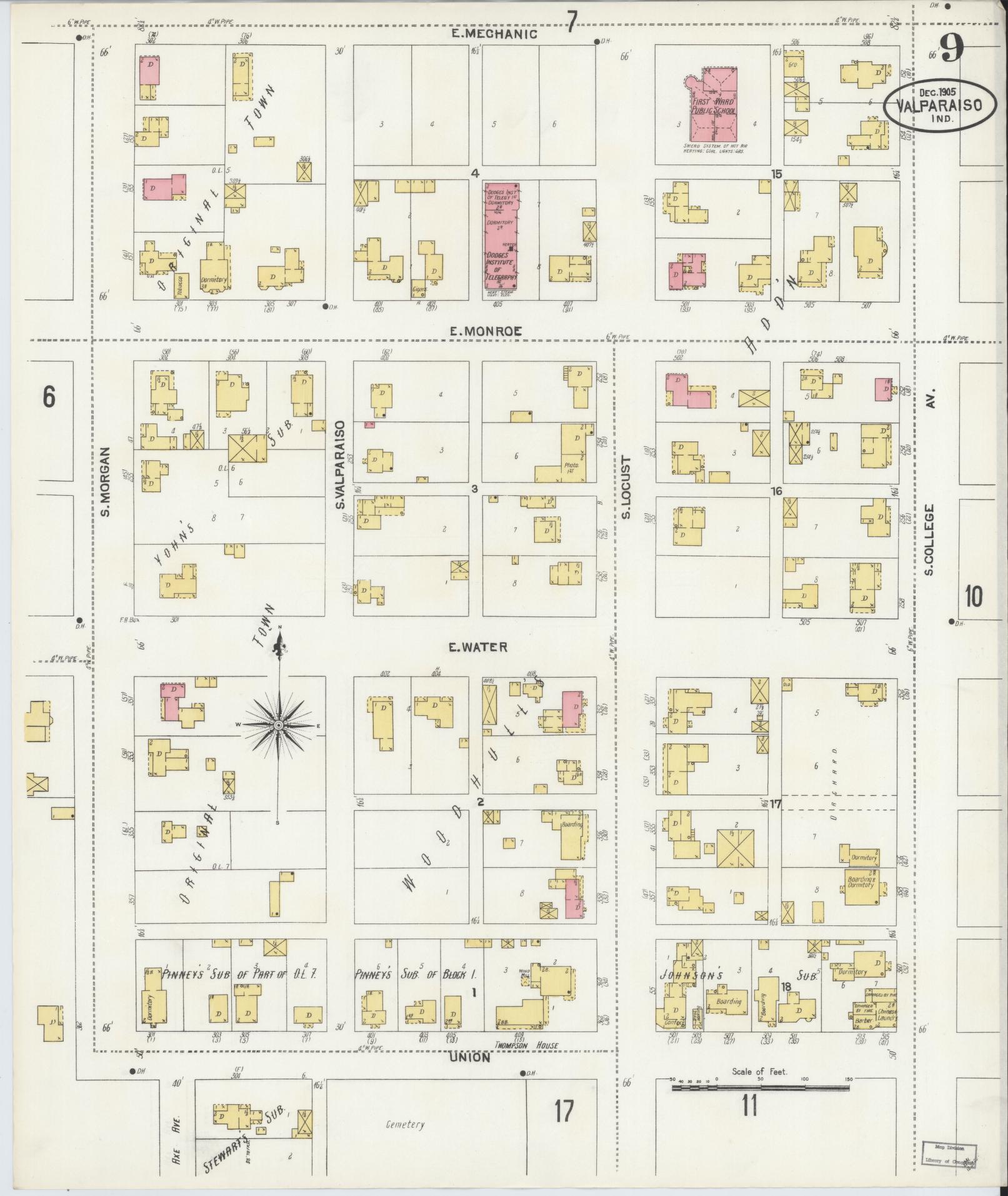 Sanborn Fire Insurance Map from Valparaiso, Porter County, Indiana (1905), Sheet #0009 - Historic Sanborn Fire Insurance Map Print, vintage old map wall art, antique decor, genealogy gift, Indiana Indiana map