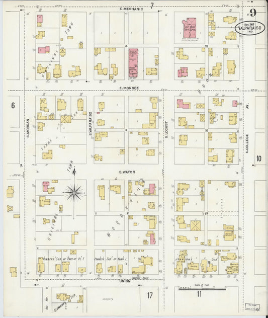 Sanborn Fire Insurance Map from Valparaiso, Porter County, Indiana (1905), Sheet #0009 - Historic Sanborn Fire Insurance Map Print, vintage old map wall art, antique decor, genealogy gift, Indiana Indiana map