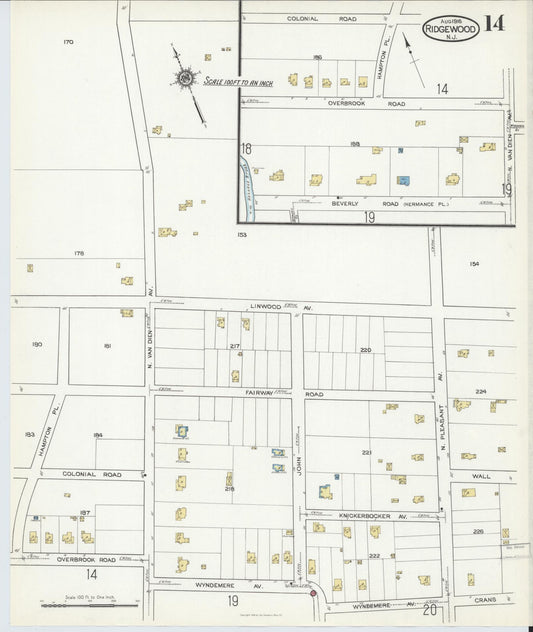 Sanborn Fire Insurance Map from Ridgewood, Bergen County, New Jersey (1916), Sheet #0014 - Historic Sanborn Fire Insurance Map Print, vintage old map wall art, antique decor, genealogy gift, New Jersey New Jersey map