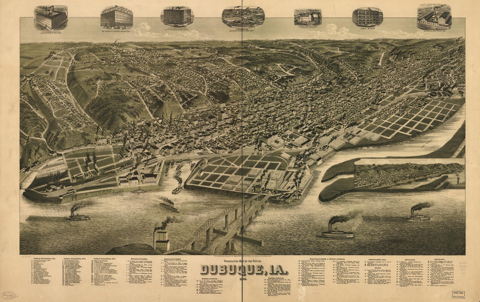 Perspective map of the city of Dubuque, Ia. 1889. (1889) – Historic Bird’s-Eye View Panorama Print