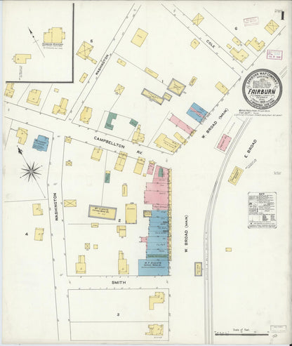 Sanborn Fire Insurance Map from Fairburn, Fulton County, Georgia (1909), Sheet #0001 - Complete Map Set gallery image, historic Sanborn map, vintage wall art, Georgia Georgia