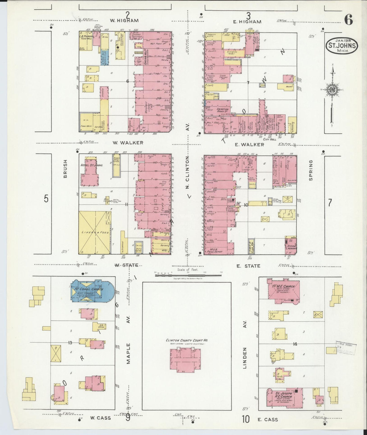 Sanborn Fire Insurance Map from Saint Johns, Clinton County, Michigan (1918), Sheet #0006 - Historic Sanborn Fire Insurance Map Print, vintage old map wall art, antique decor, genealogy gift, Michigan Michigan map