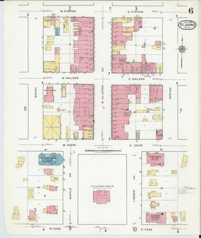 Sanborn Fire Insurance Map from Saint Johns, Clinton County, Michigan (1918), Sheet #0006 - Historic Sanborn Fire Insurance Map Print, vintage old map wall art, antique decor, genealogy gift, Michigan Michigan map